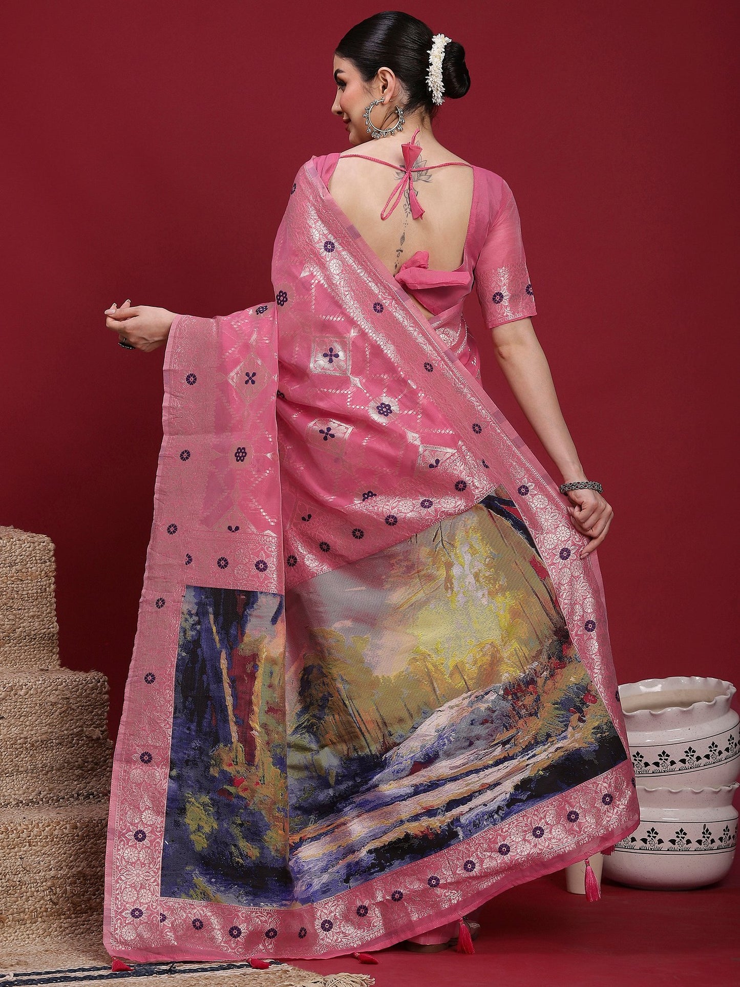 Pink Banarasi Organza Woven Saree