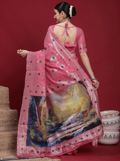 Pink Banarasi Organza Woven Saree