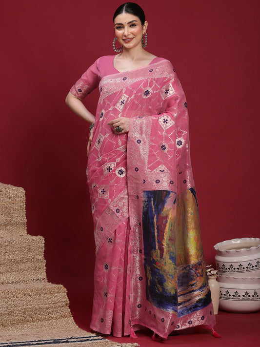 Pink Pink Banarasi Organza Woven Saree