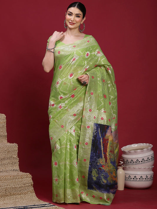 Green Light Banarasi Organza Woven Saree