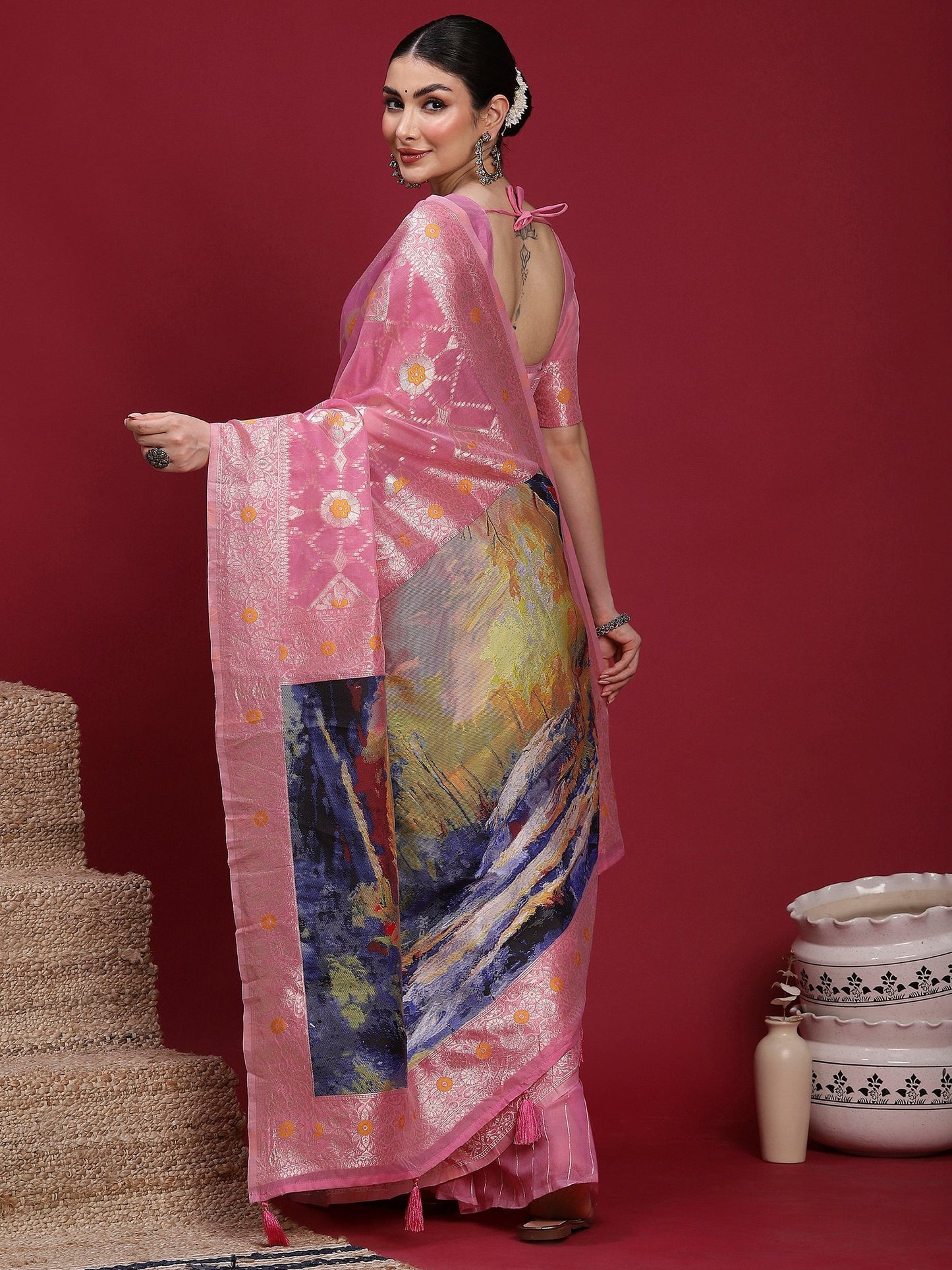Pink Banarasi Organza Woven Saree