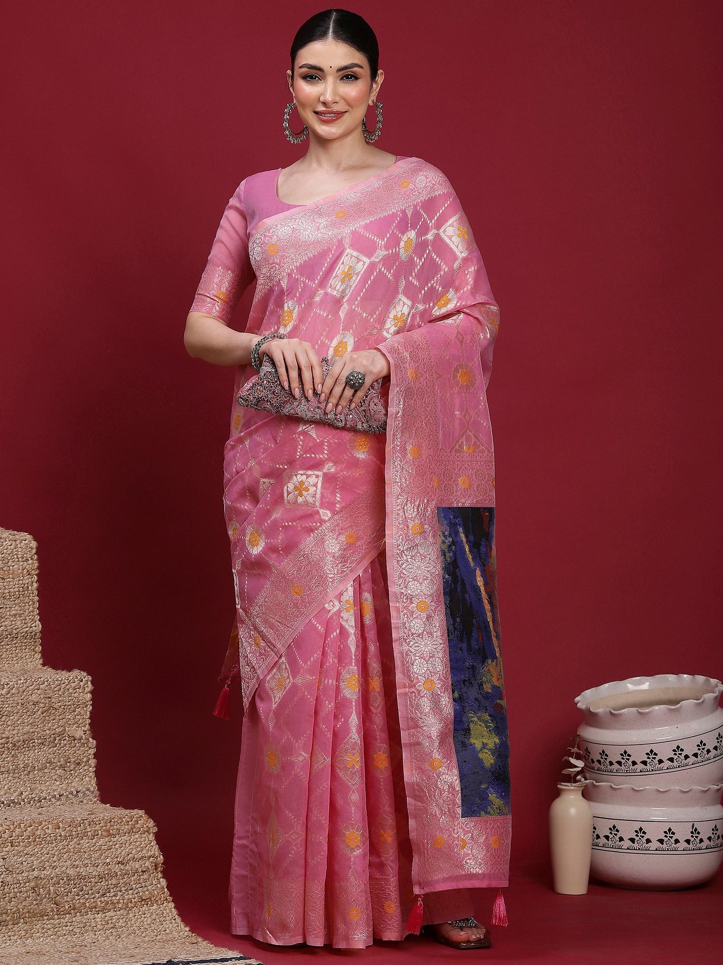 Pink Banarasi Organza Woven Saree