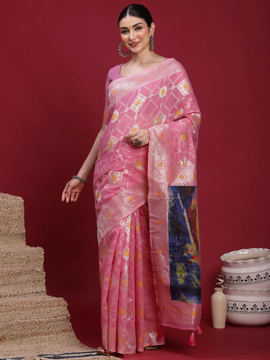 Pink Pink Banarasi Organza Woven Saree