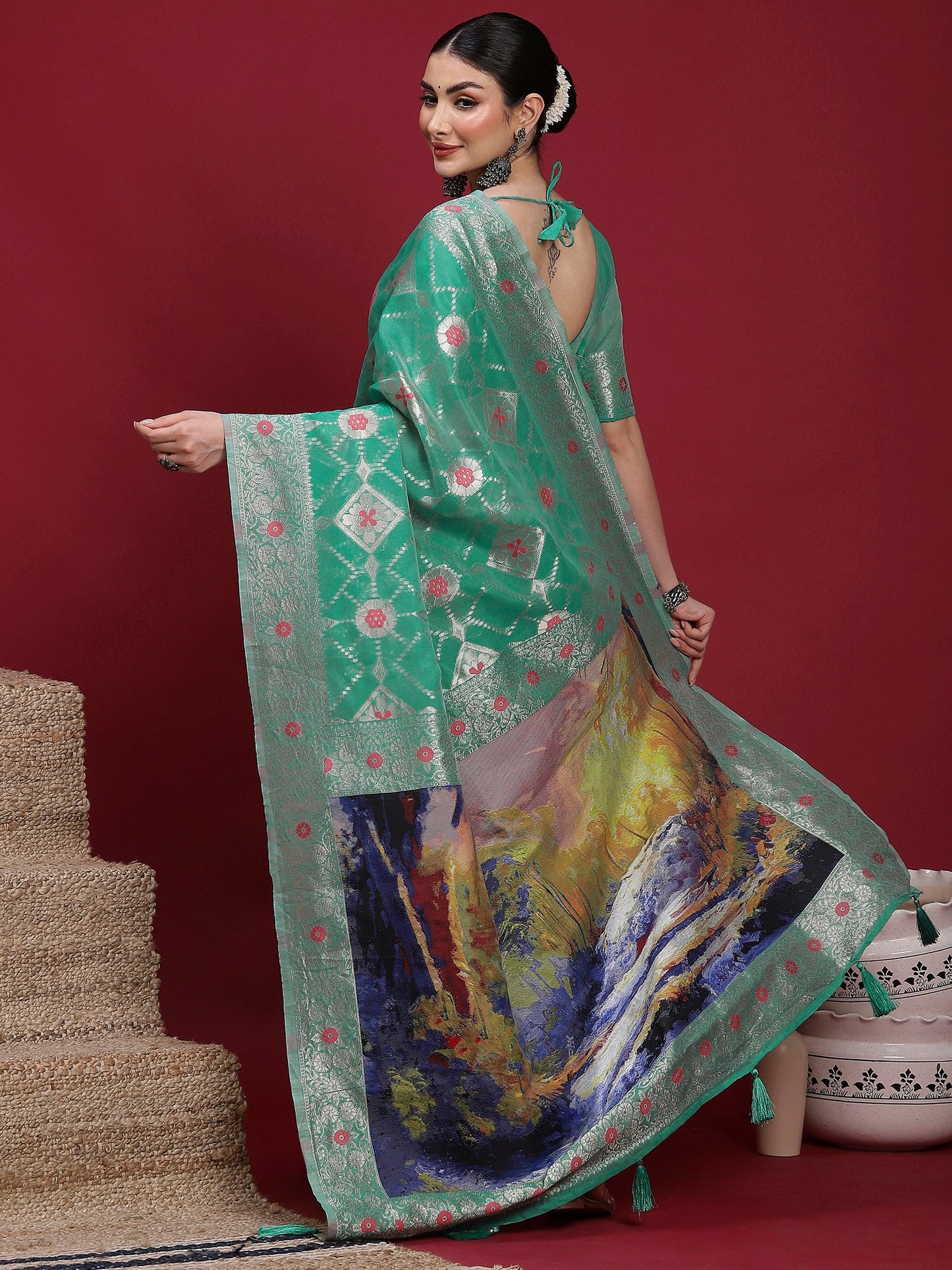 Teal Banarasi Organza Woven Saree