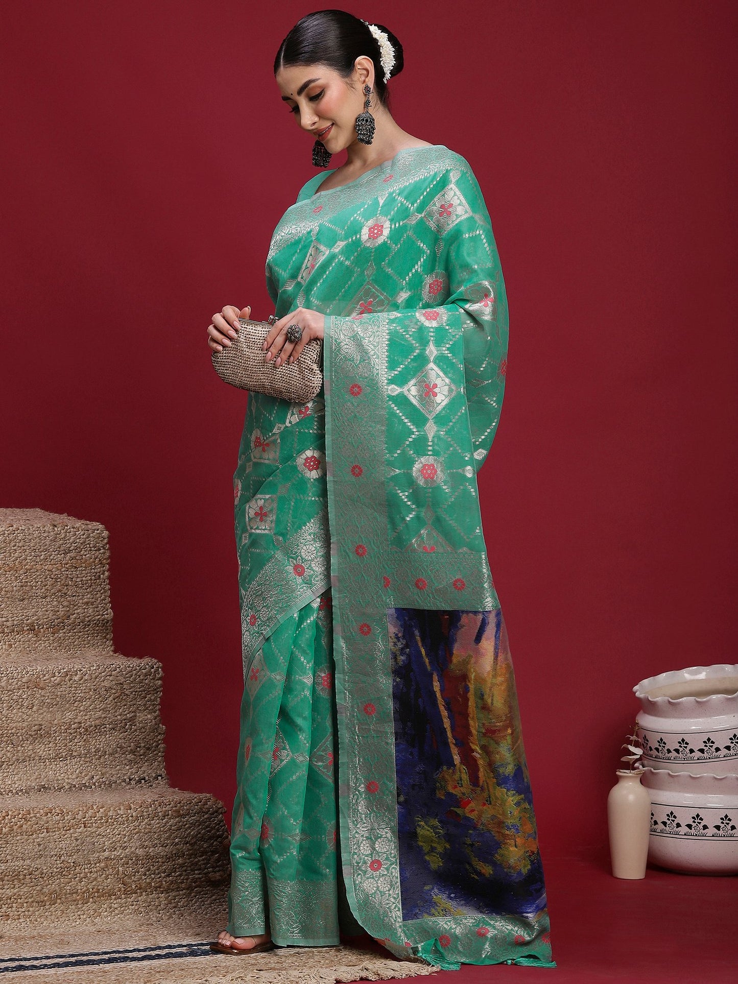 Teal Banarasi Organza Woven Saree