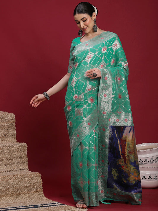 Green Teal Banarasi Organza Woven Saree