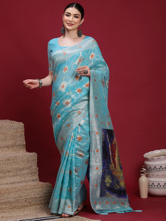 Blue Light Banarasi Organza Woven Saree