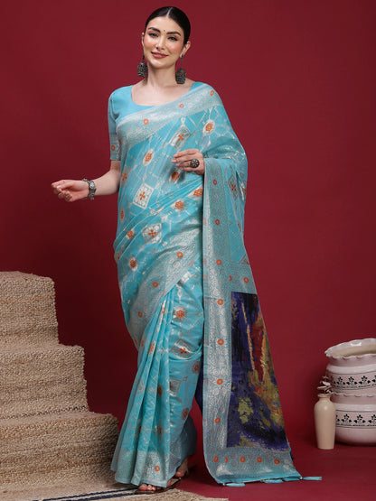 Blue Light Banarasi Organza Woven Saree