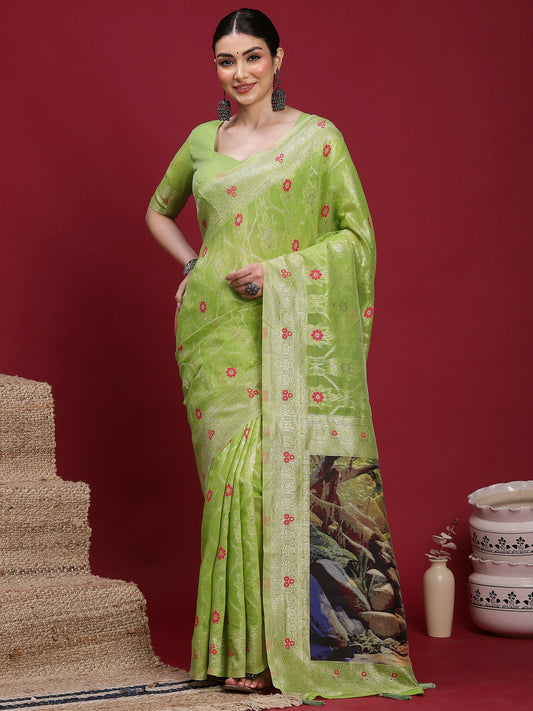 Green Light Banarasi Organza Woven Saree