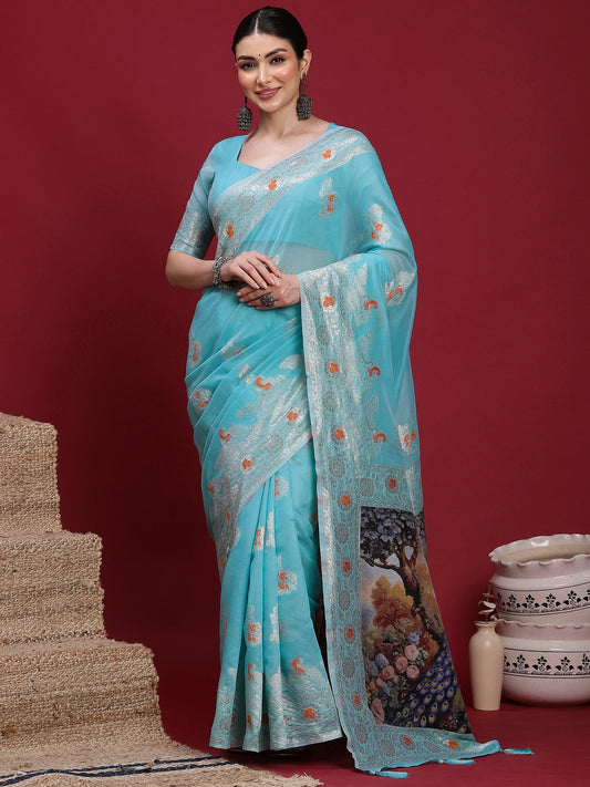 Blue Light Banarasi Organza Woven Saree