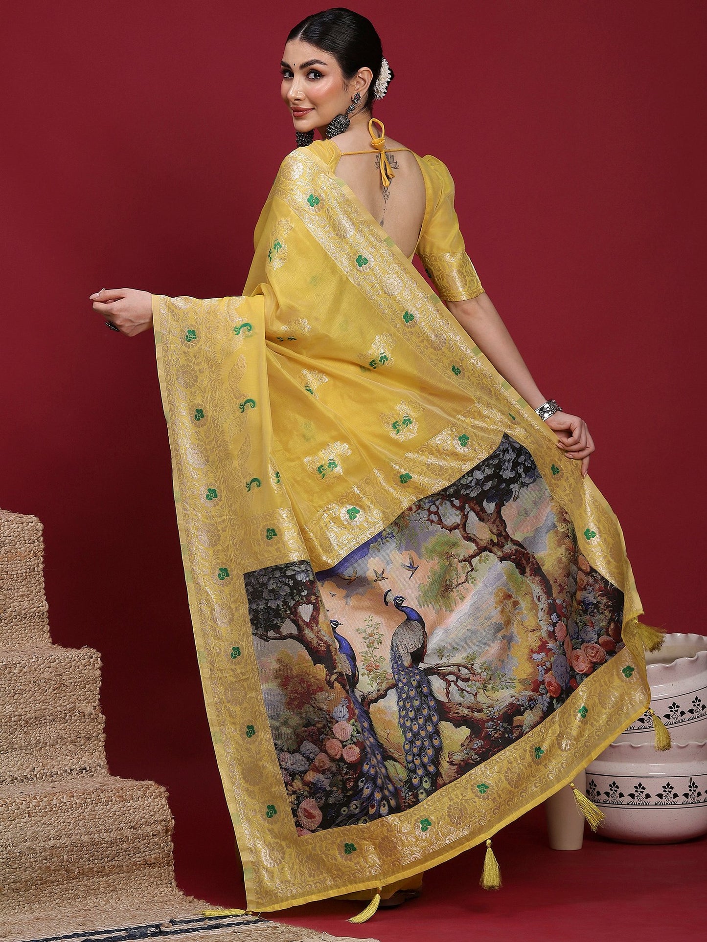 Yellow Banarasi Organza Woven Saree
