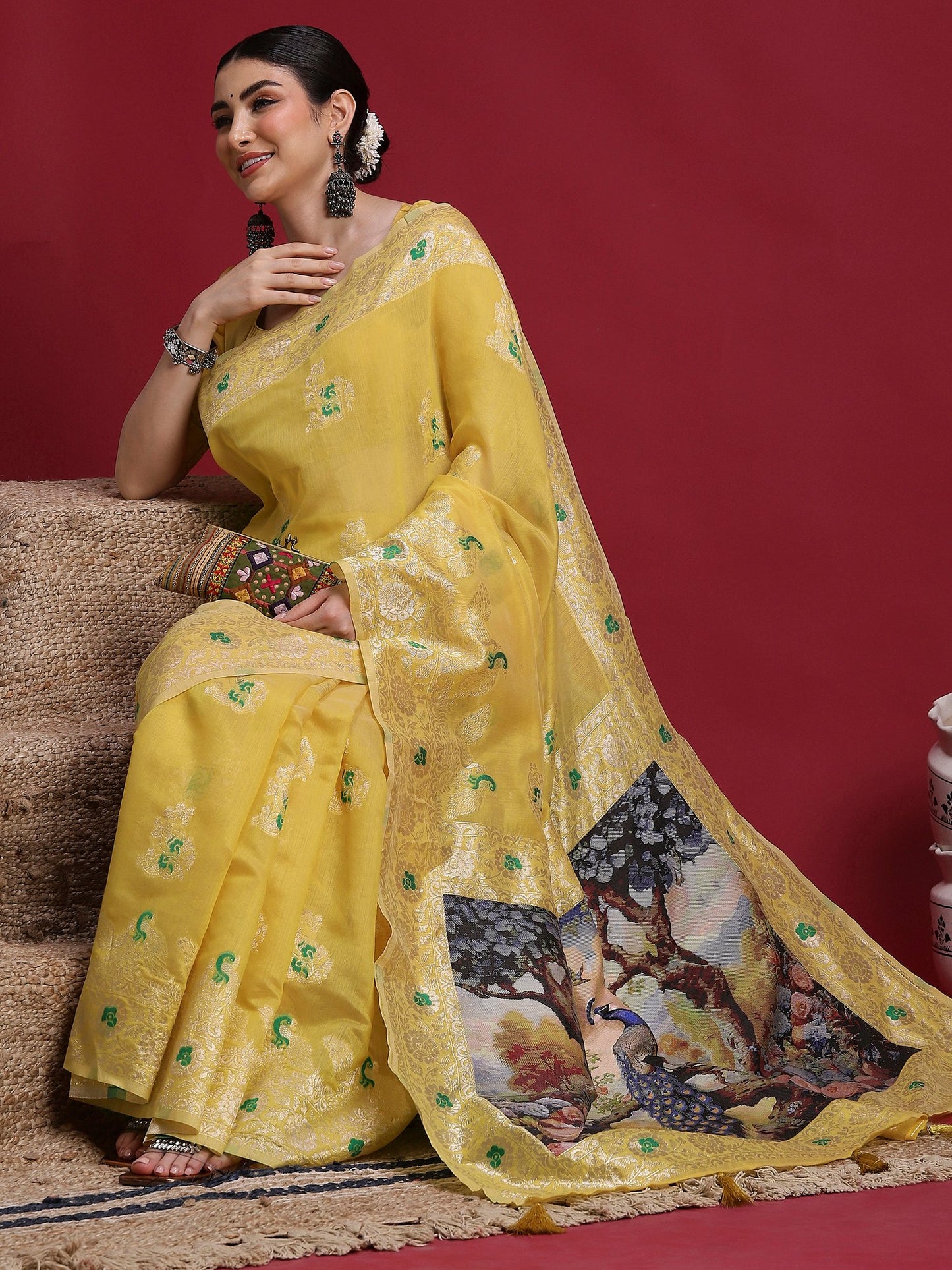 Yellow Banarasi Organza Woven Saree