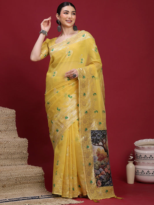 Yellow Yellow Banarasi Organza Woven Saree