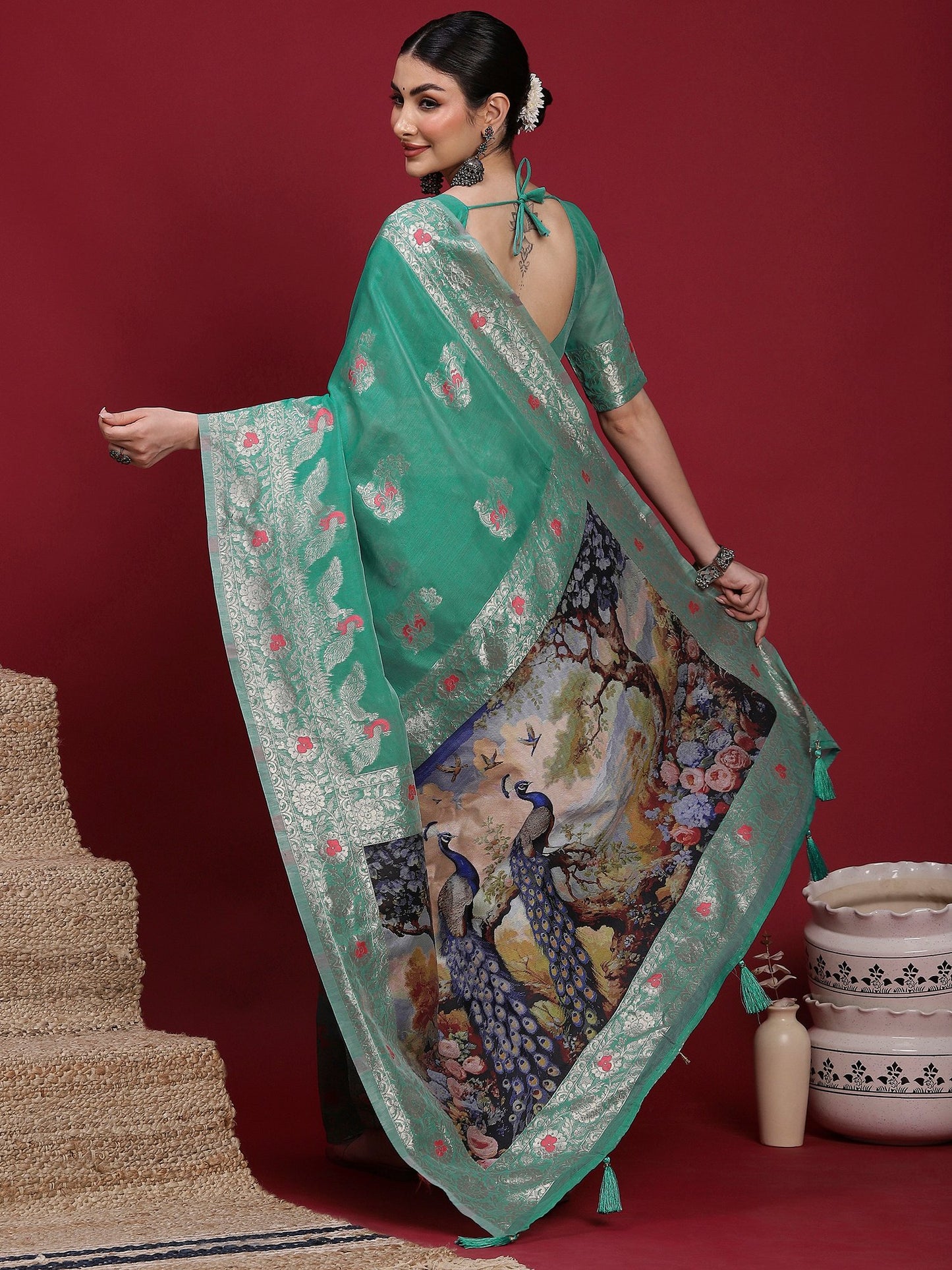 Teal Banarasi Organza Woven Saree