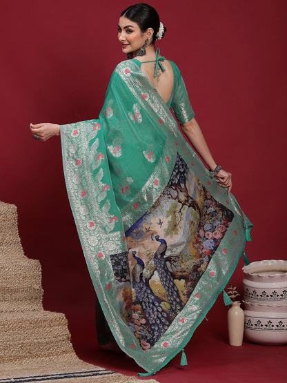 Teal Banarasi Organza Woven Saree