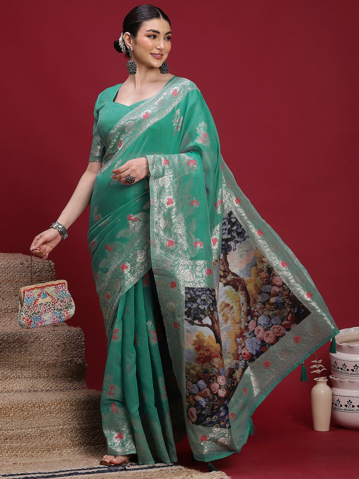 Teal Banarasi Organza Woven Saree