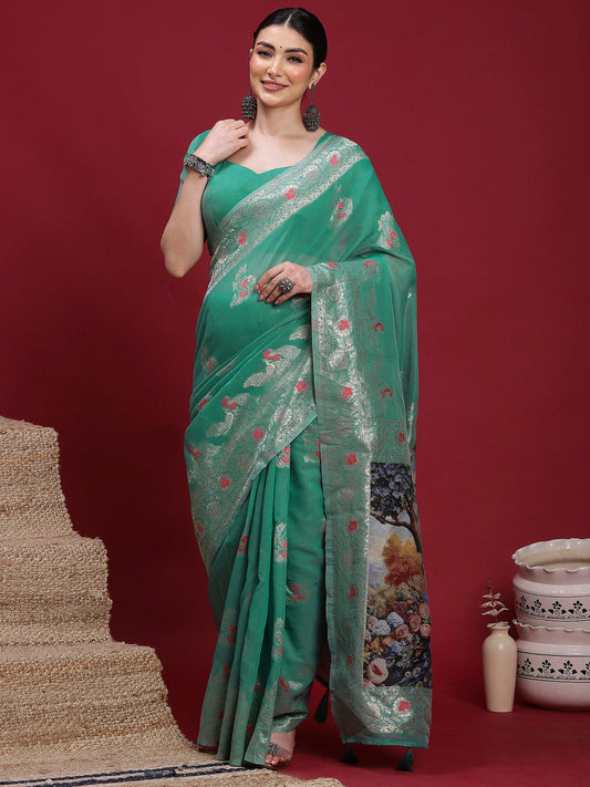 Green Teal Banarasi Organza Woven Saree