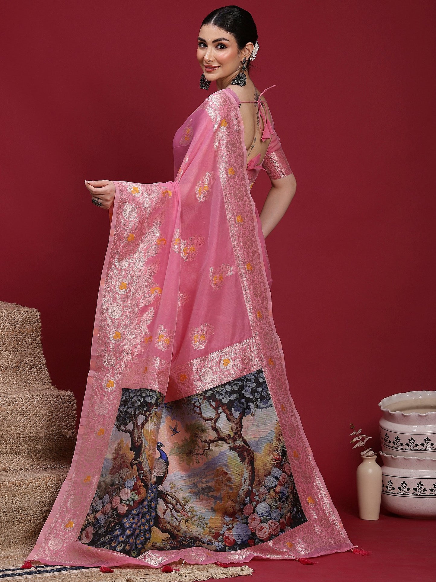 Pink Banarasi Organza Woven Saree