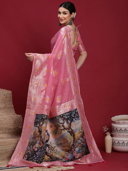 Pink Banarasi Organza Woven Saree