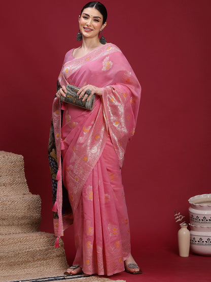Pink Banarasi Organza Woven Saree