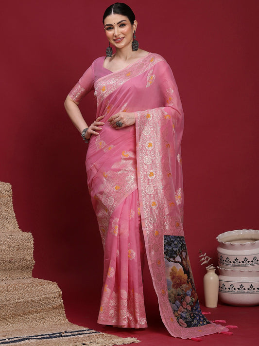 Pink Pink Banarasi Organza Woven Saree
