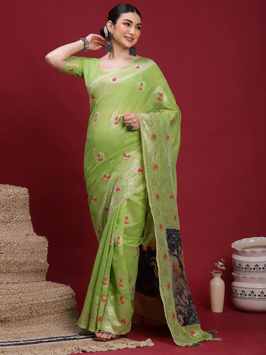 Green Light Banarasi Organza Woven Saree