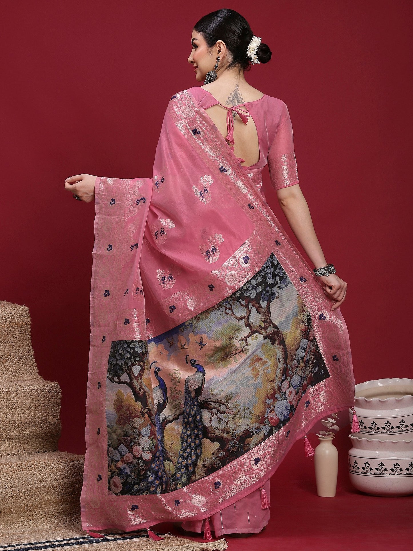 Pink Banarasi Organza Woven Saree