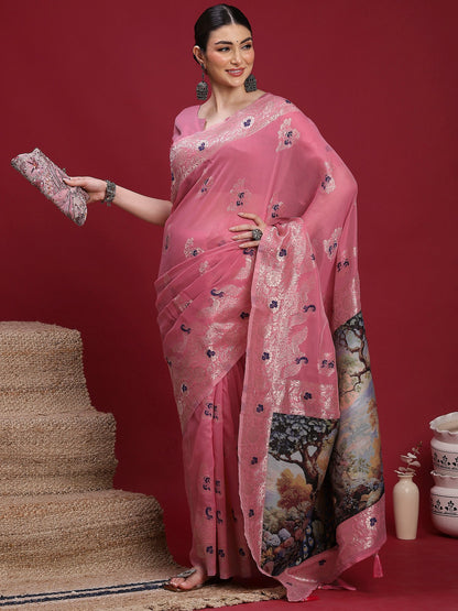 Pink Banarasi Organza Woven Saree