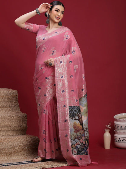 Pink Pink Banarasi Organza Woven Saree