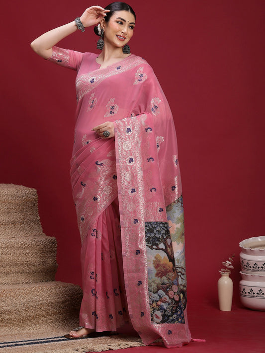Pink Pink Banarasi Organza Woven Saree