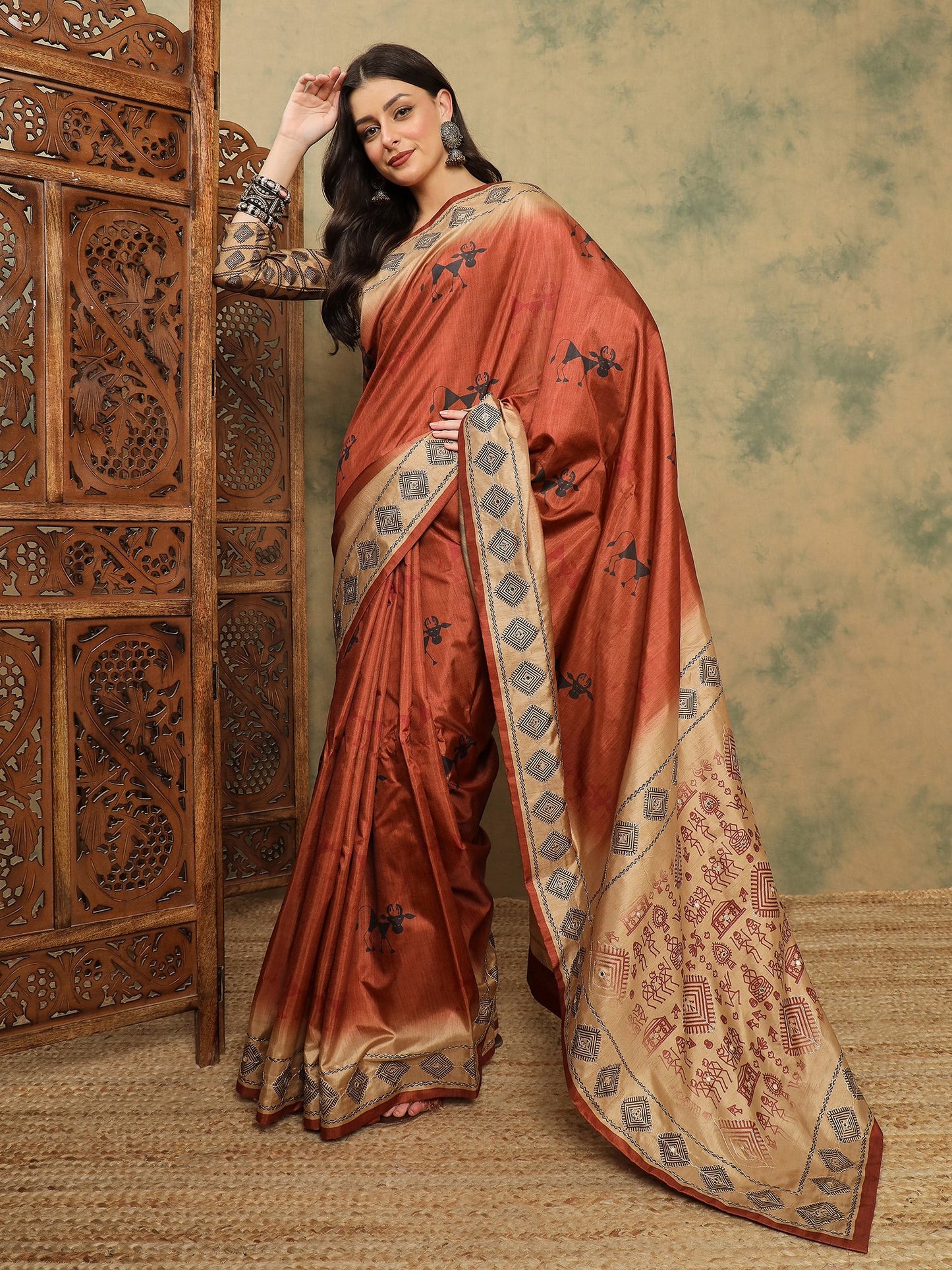 Rust Banarasi Silk Blend Digital Print Saree