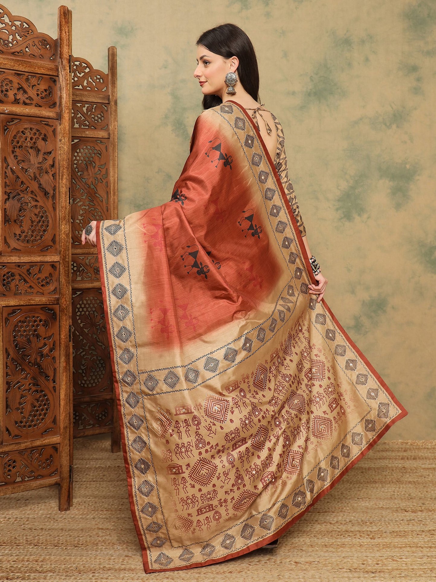 Rust Banarasi Silk Blend Digital Print Saree
