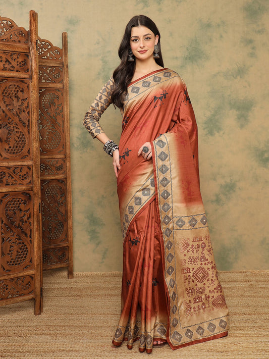 Brown Rust Banarasi Silk Blend Digital Print Saree