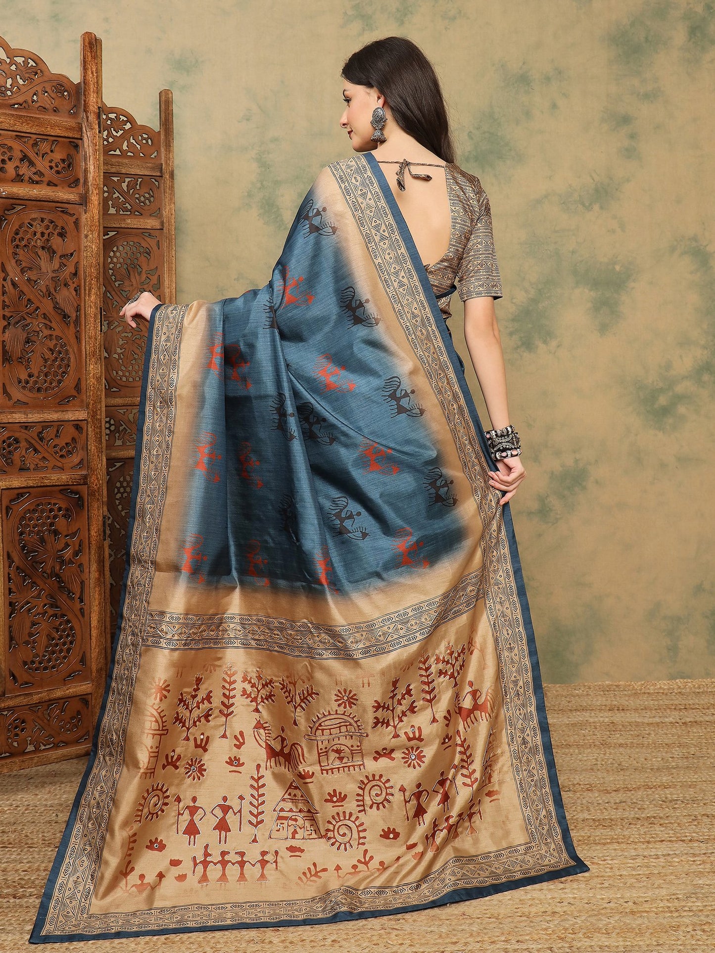 Blue Banarasi Silk Blend Digital Print Saree