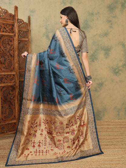 Blue Banarasi Silk Blend Digital Print Saree