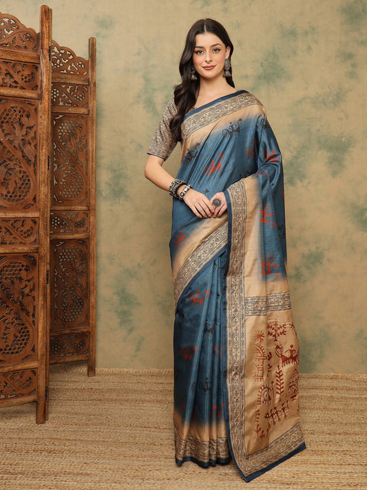 Blue Blue Banarasi Silk Blend Digital Print Saree