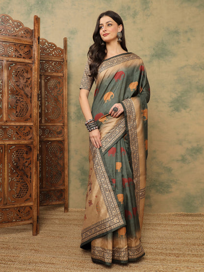 Grey Banarasi Silk Blend Digital Print Saree