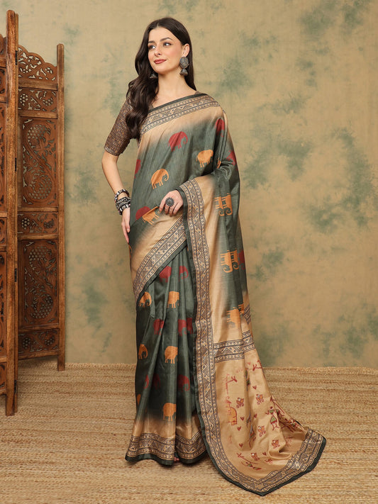 Grey Grey Banarasi Silk Blend Digital Print Saree