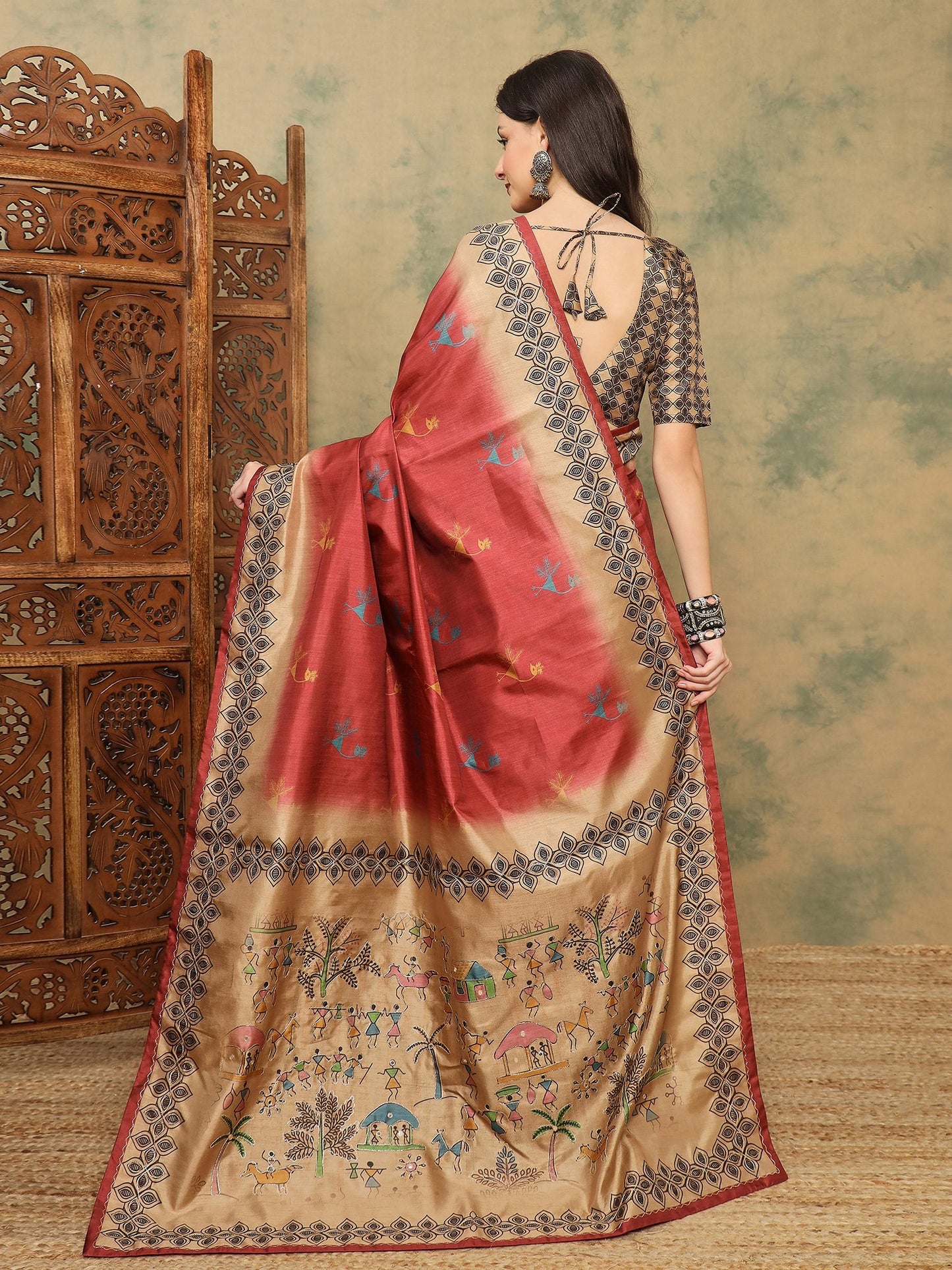 Rust Banarasi Silk Blend Digital Print Saree