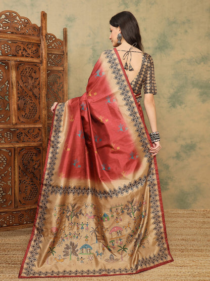 Rust Banarasi Silk Blend Digital Print Saree