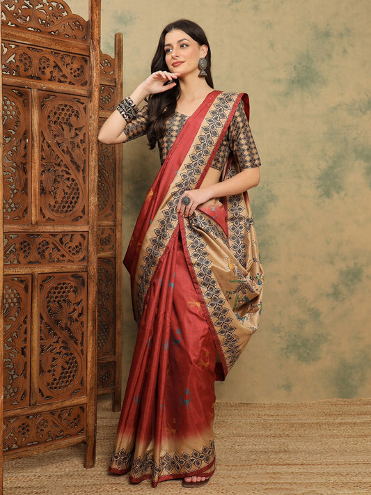 Brown Rust Banarasi Silk Blend Digital Print Saree
