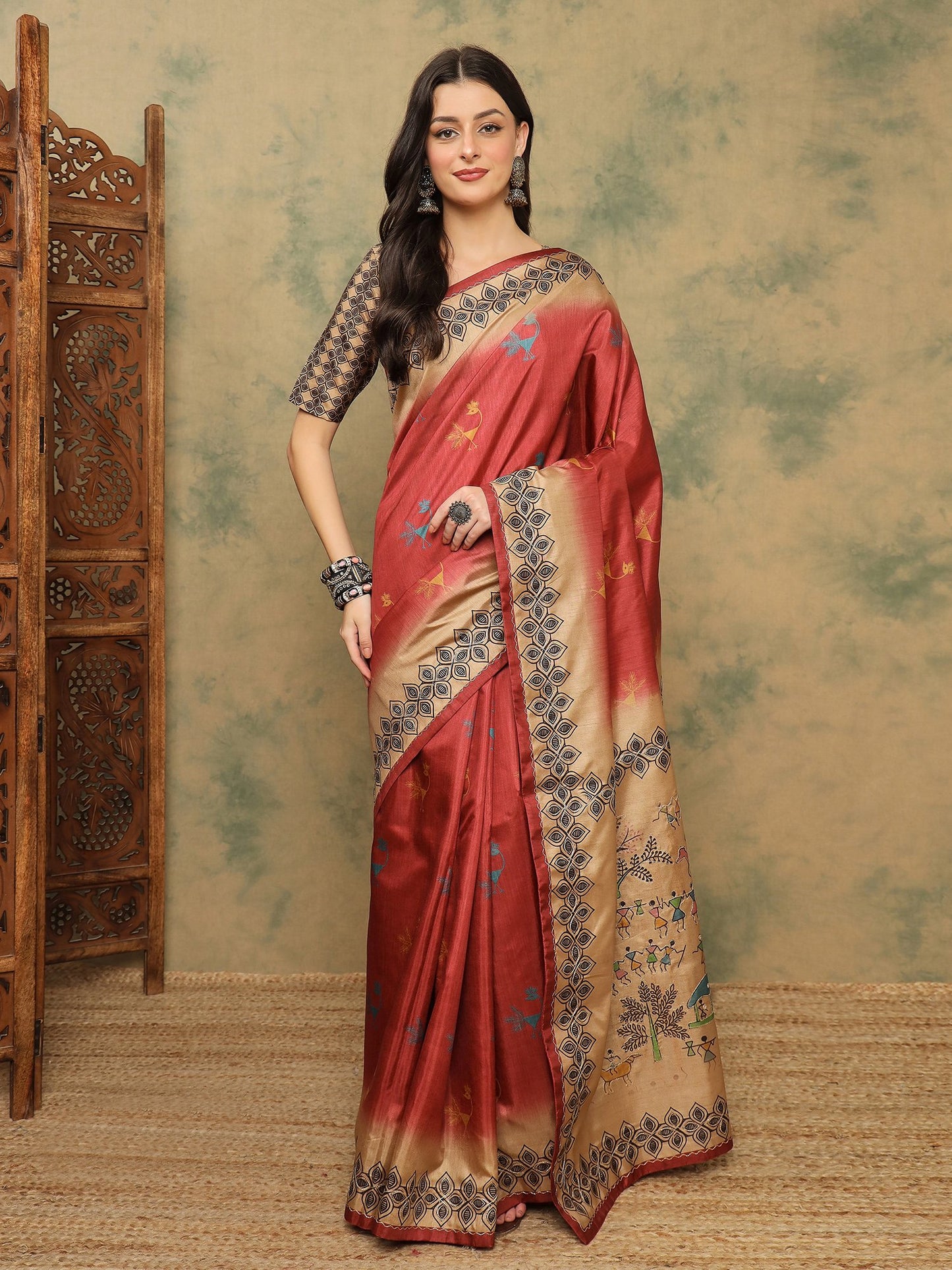 Rust Banarasi Silk Blend Digital Print Saree