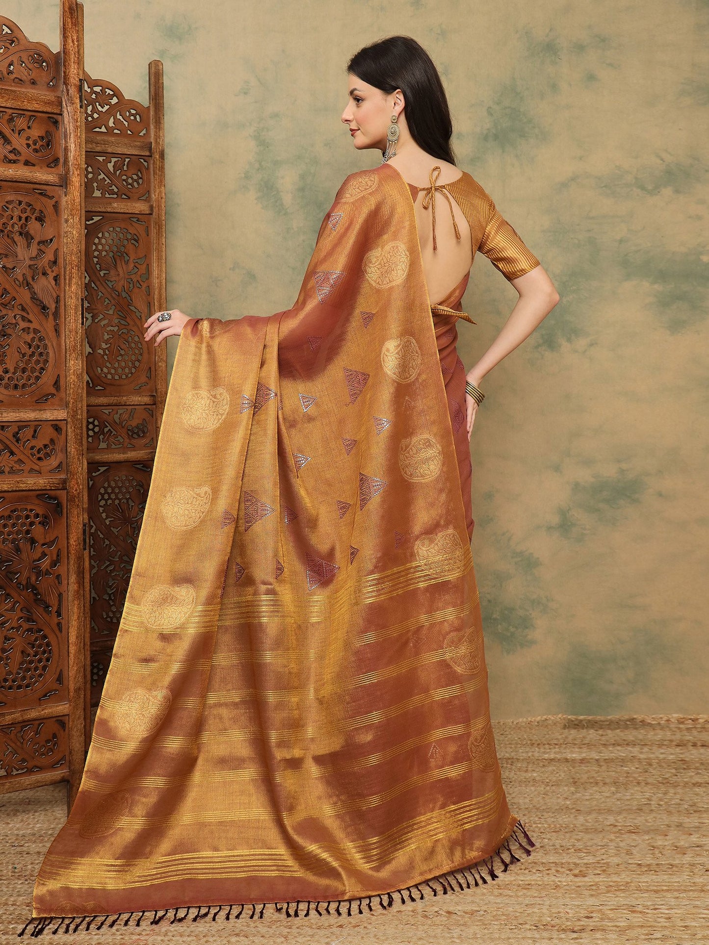 Gold Banarasi Linen Woven Saree
