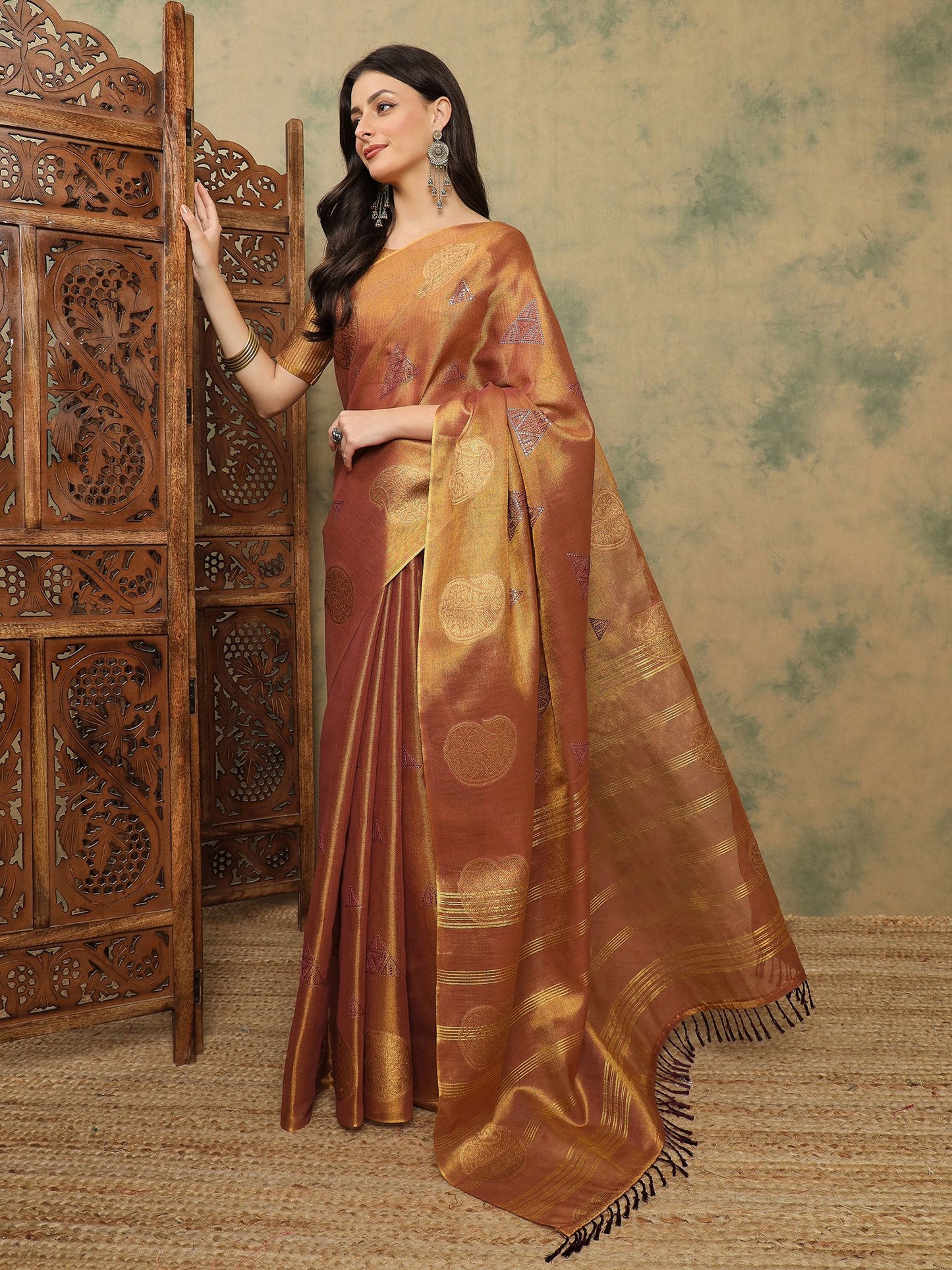 Gold Banarasi Linen Woven Saree