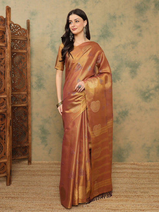 Brown Gold Banarasi Linen Woven Saree