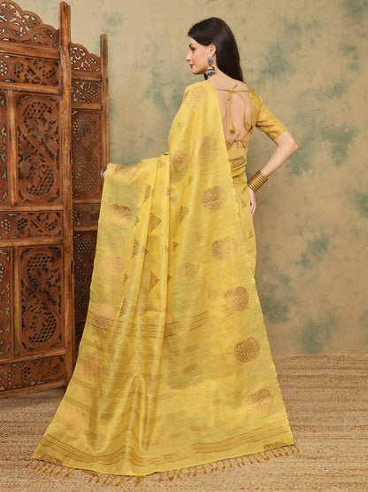 Yellow Banarasi Linen Woven Saree