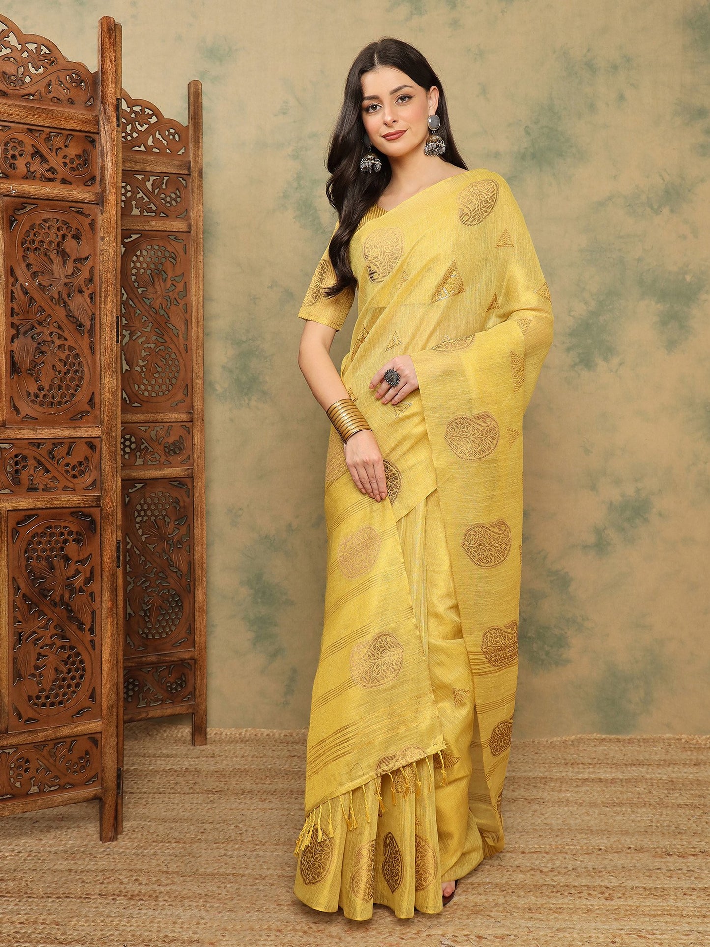 Yellow Banarasi Linen Woven Saree