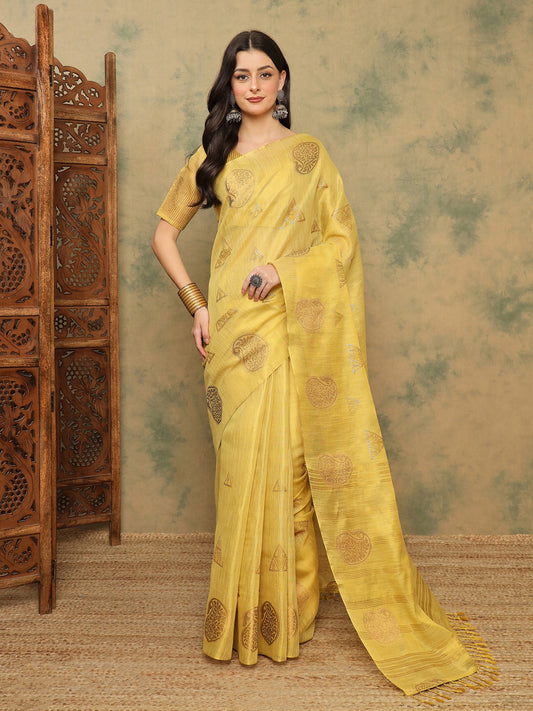 Yellow Yellow Banarasi Linen Woven Saree