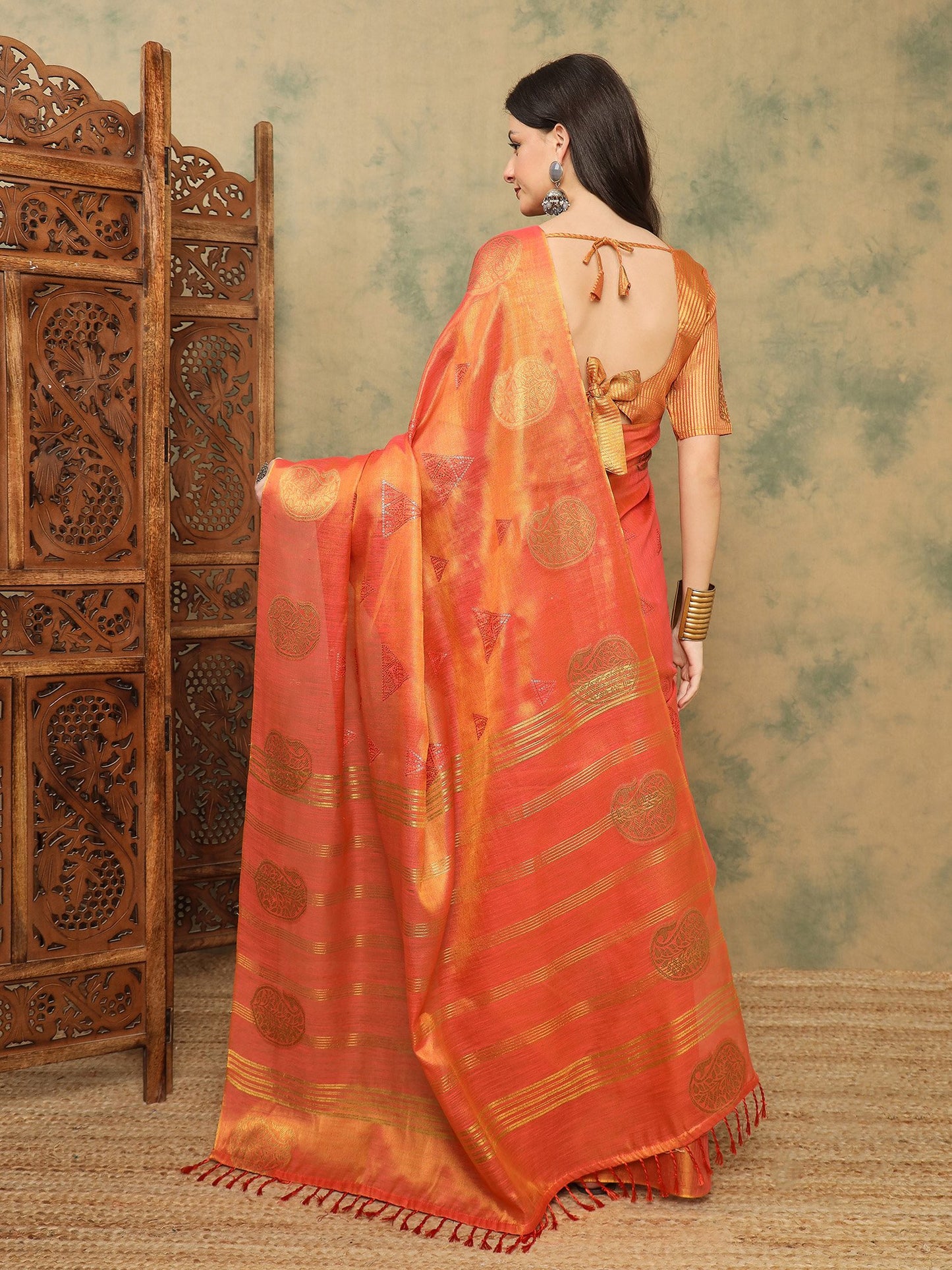 Coral Banarasi Linen Woven Saree