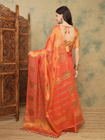Coral Banarasi Linen Woven Saree